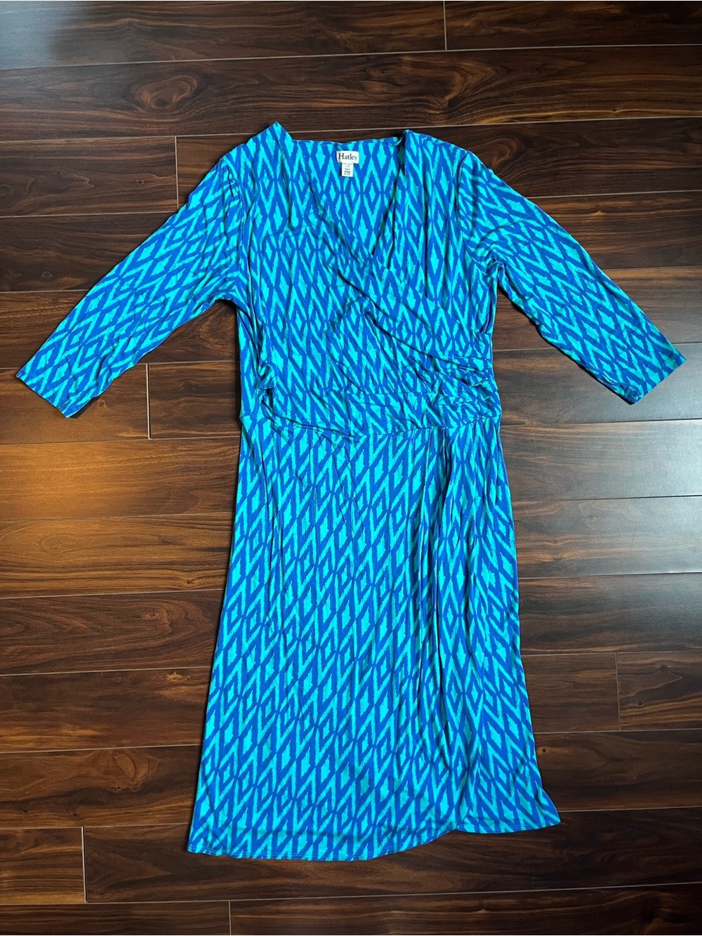 Hatley Blue Geometric Wrap-Style 3/4 Sleeve Dress, L, EUC